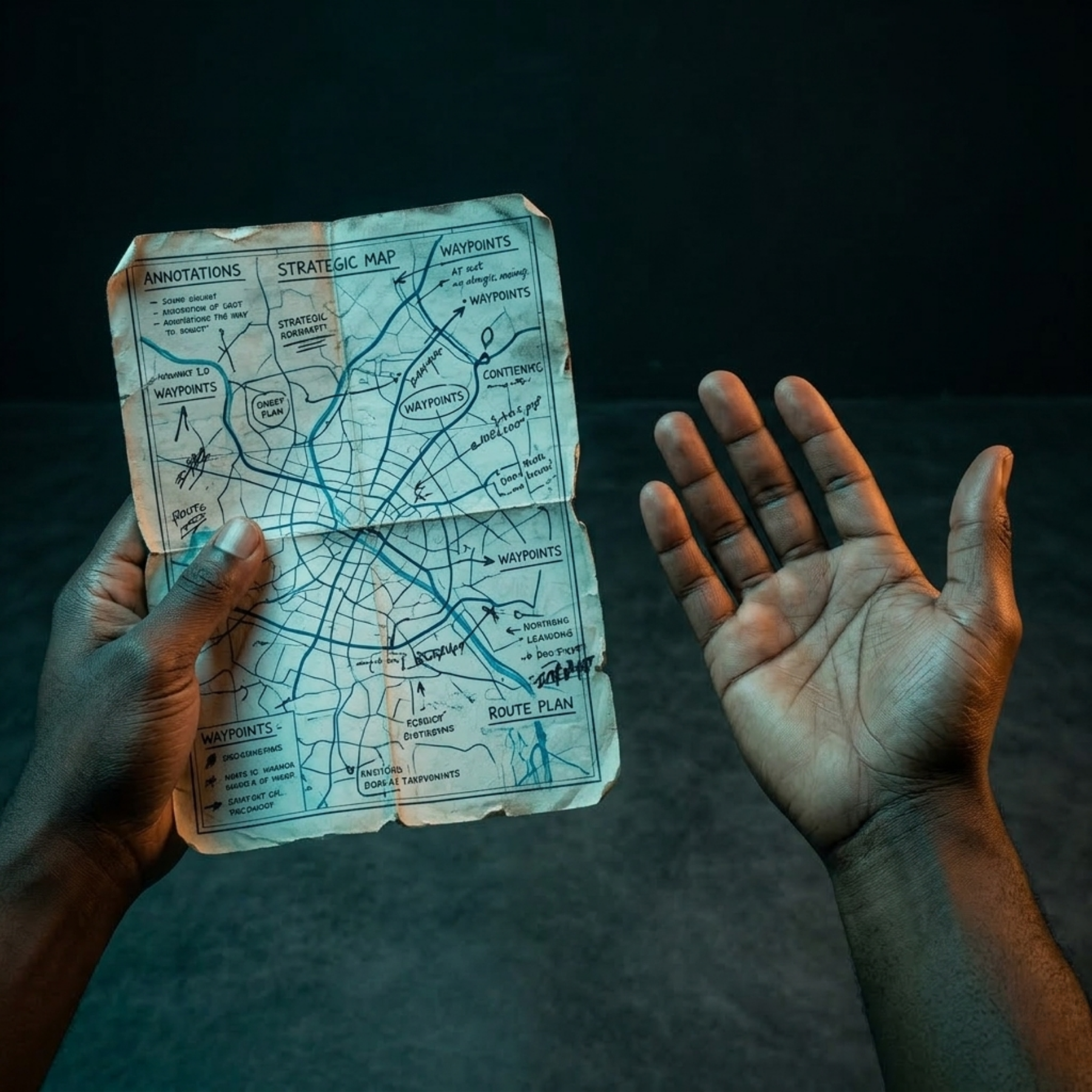 Identity before strategy — Two hands. One holds a detailed roadmap