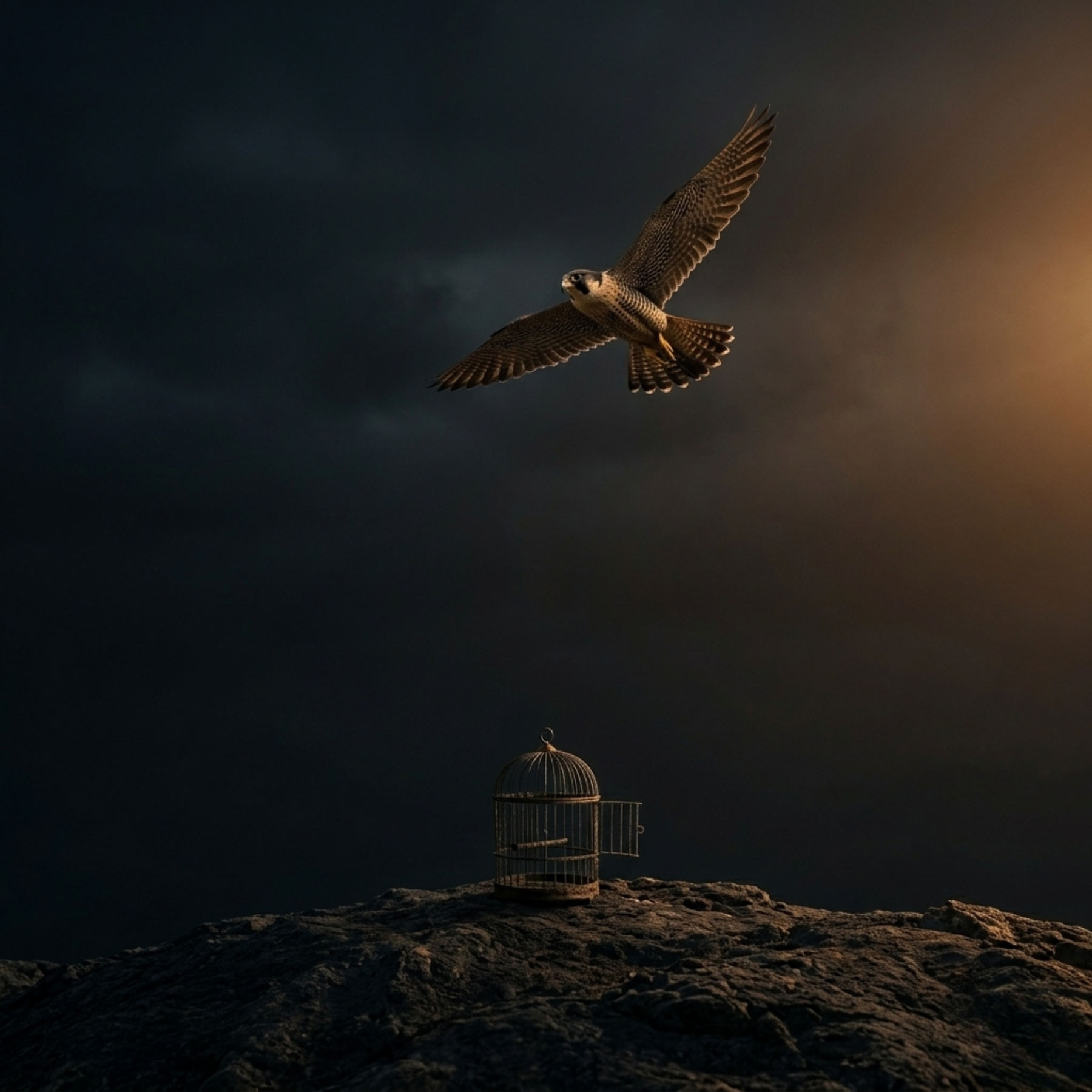 A bird in flight, leaving behind an open cage on the ground below