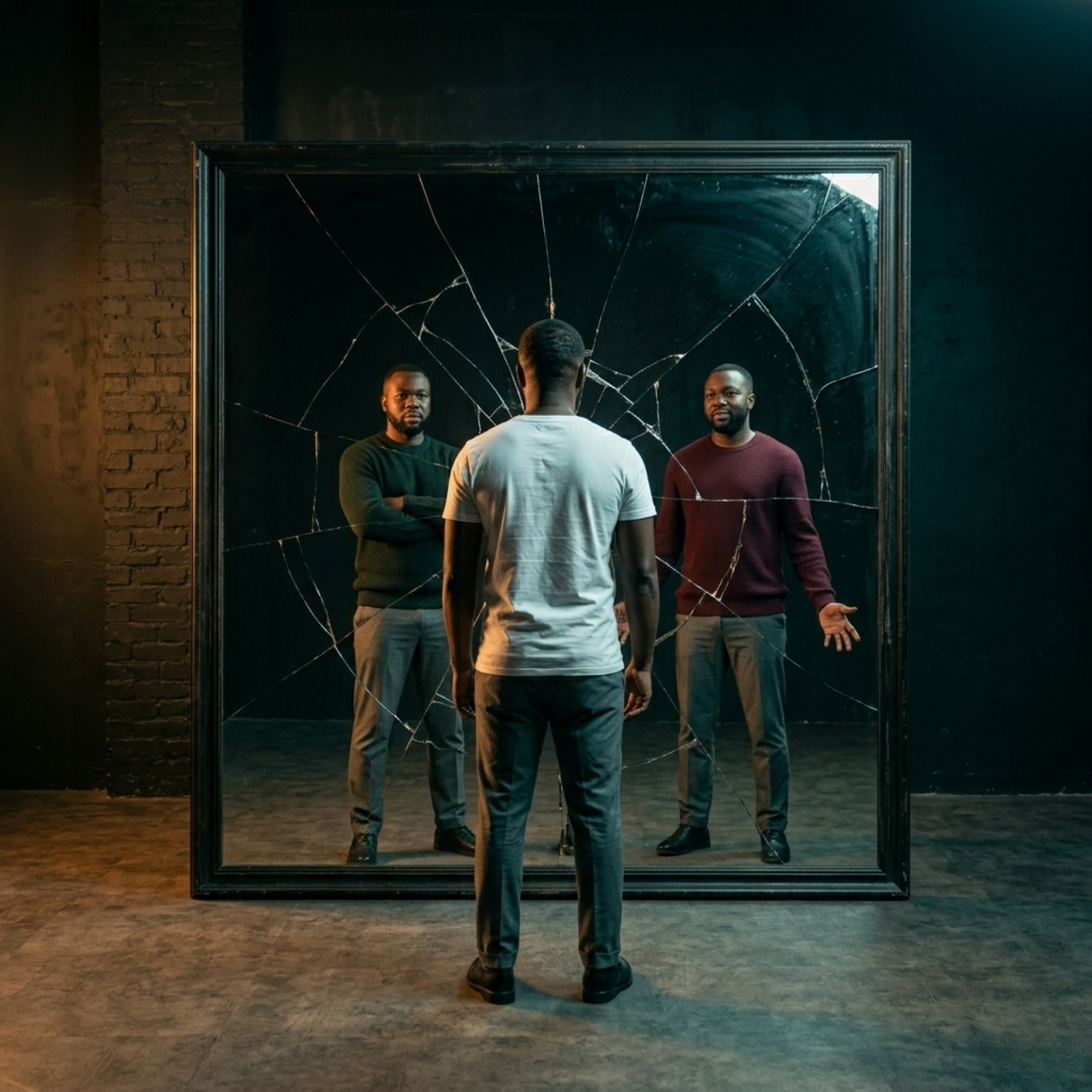 Two reflections of the same man in a cracked mirror — one polished and upright, one relaxed with open hands