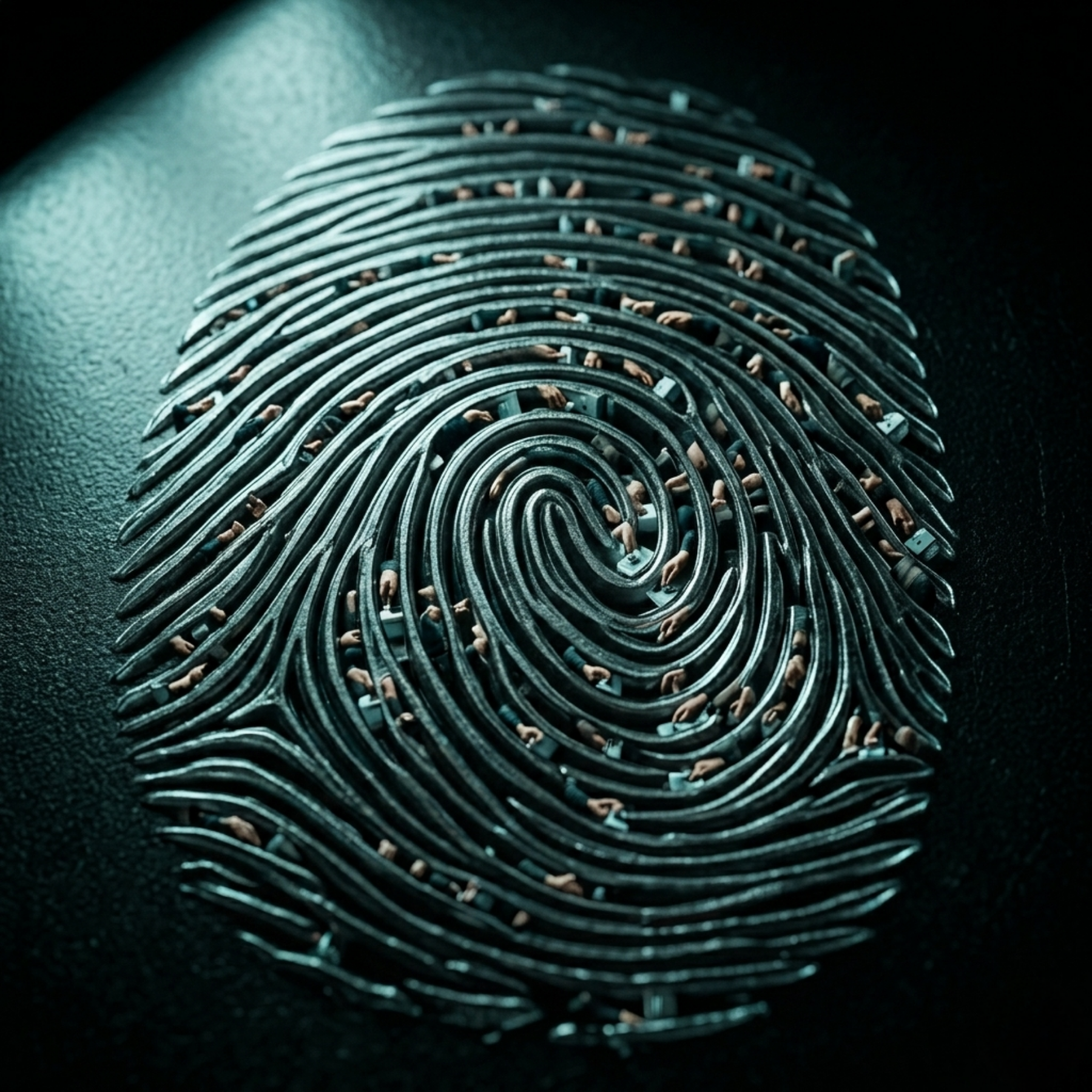 A fingerprint enlarged, with small repeated scenes inside the ridges — the same moment, the same choice, playing out again and again