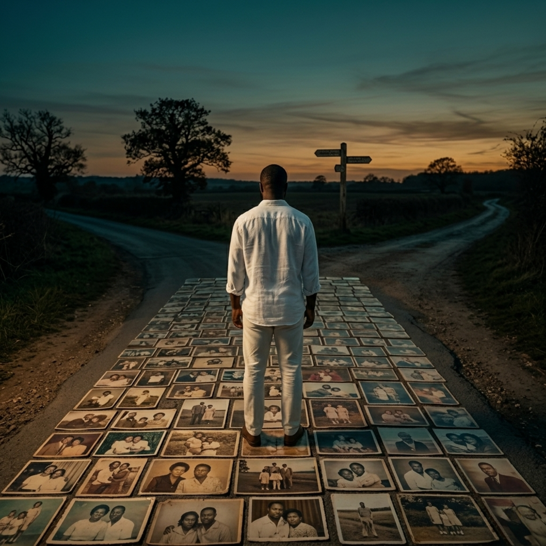 A man standing at a fork in a road, the path behind him made of family photographs laid flat like pavement