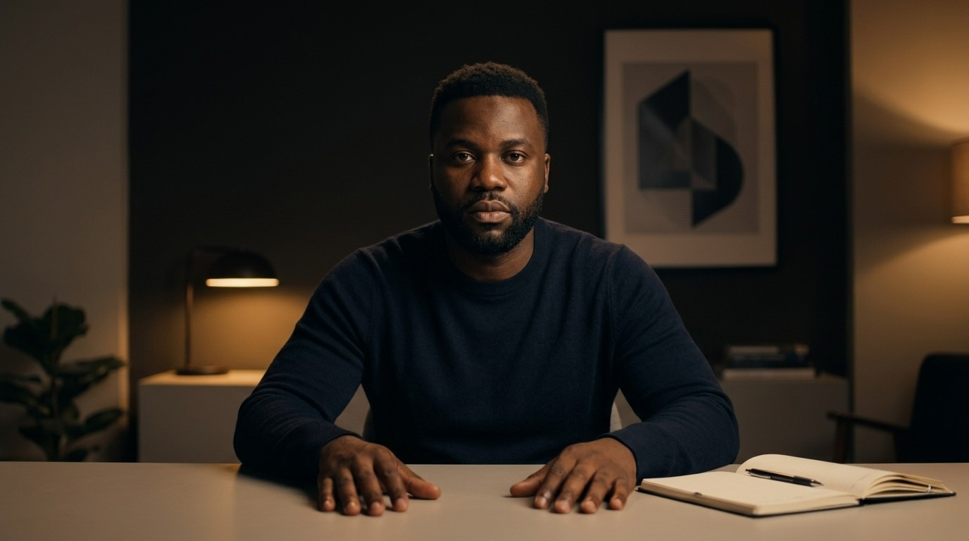 A man at a desk in quiet, focused reflection